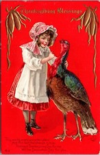 Thanksgiving Postcard Girl Talking to a Turkey Gold Corn
