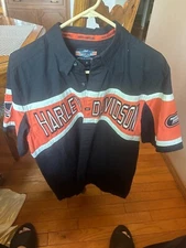 Embroidered Harley Davidson Racing Button Up Shirt (M) Iconic Orange & Black