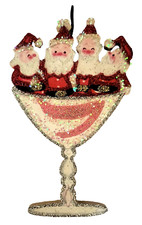 4 SANTA CLAUS in COCKTAIL GLASS * Glitter CHRISTMAS ORNAMENT * Vtg Img