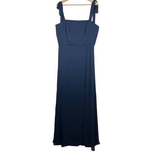 Dessy Collection Navy Gown Plus Size 16 Tie Shoulder Maxi Chiffon Wedding Formal - Picture 2 of 11
