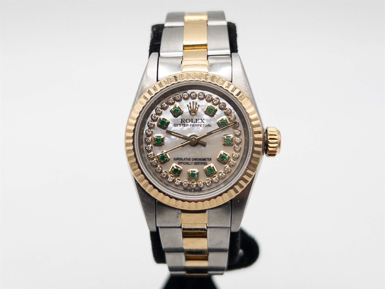 18k Yellow Gold Rolex Oyster Perpetual Ladies Watch with Emerald Diamonds