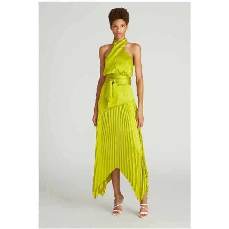 AMUR Dixon Citrine Pleated Criss Cross Halter Satin Dress NEW $598