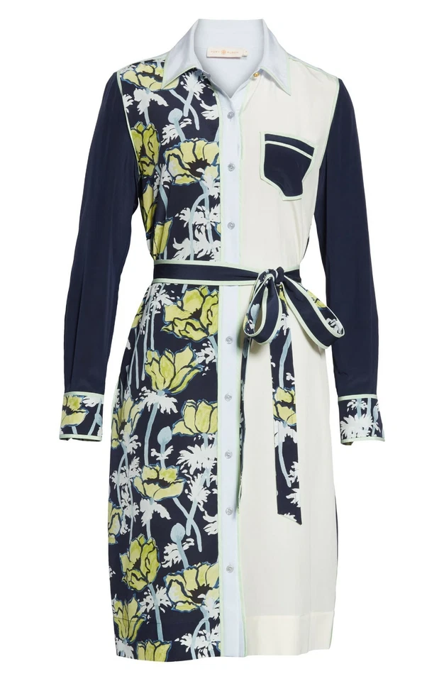 Camisa-Vestido TORY BURCH Azul Marino Estampado Floral Patchwork Cinturón Seda 6 EE. UU. = S 🤍 Foto 3 de 4