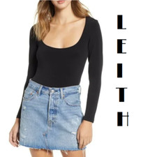 NWT Leith Black Double Scoop Long Sleeve Thong Bodysuit Size Small