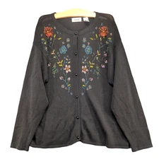 Sostanza Women's Button-Up Cardigan Knit Sweater Black Medium Floral Beaded