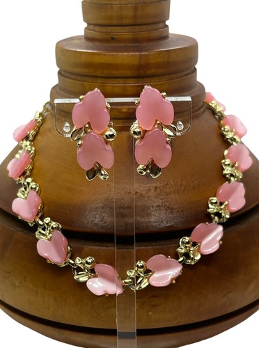 Vintage Thermoset Necklace & earrings set Pink & Gold Tone Art Deco 1950’s