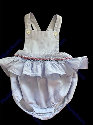 Jacadi (France) EUC Blue Smocked Embroidered Ruffled Lined Cotton Sunsuit-6Mos