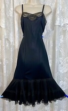 Vtg 36 Tall FANCY GOTH ROGERS BLACK NYLON Dress SLIP Pleated Chiffon Hem nightie
