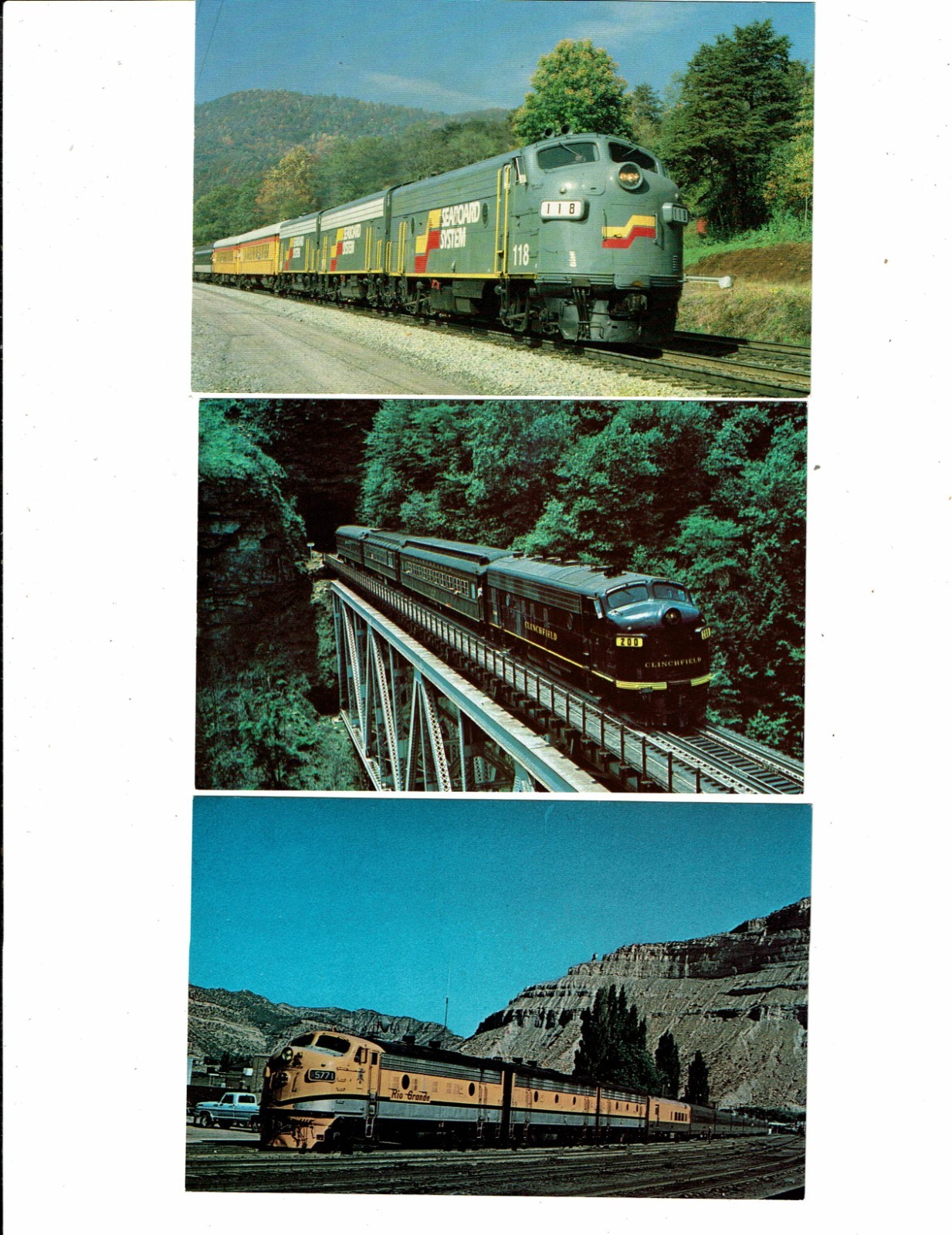 3 Card Lot, Railroad Trains, Locomotives, Seaboard, Clinchfield, Rio Grande!