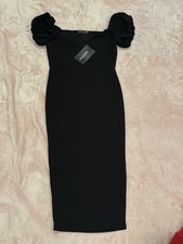 PRETTYLITTLETHING Black Square Neck Midi Bodycon Dress US 6 Puff Short Sleeve