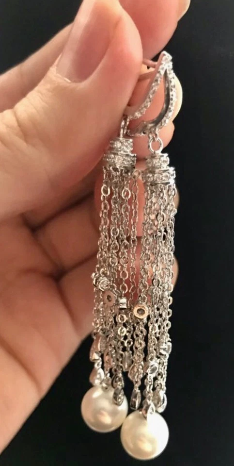 18k White Gold Plated Tassel Chandelier Earrings made w Swarovski Crystal Gift - Image 4 of 4