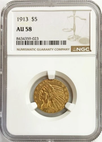 1913 GOLD US $5 DOLLAR INDIAN HEAD HALF EAGLE COIN NGC ABOUT UNC 58
