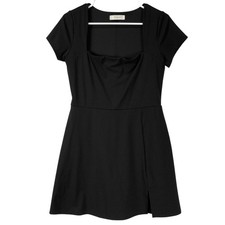 Qinsen Black Square Neck Cap Sleeve Side Slit Mini Dress Women's Size L