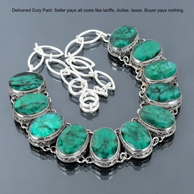 Valentines Deal Natural Zambian Emrald Sterling Silver Vintage Chain Necklace