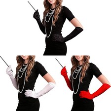 1Set Vintage Opera Dress Up Elbow Length Gloves Faux Pearl Necklace Long Stick