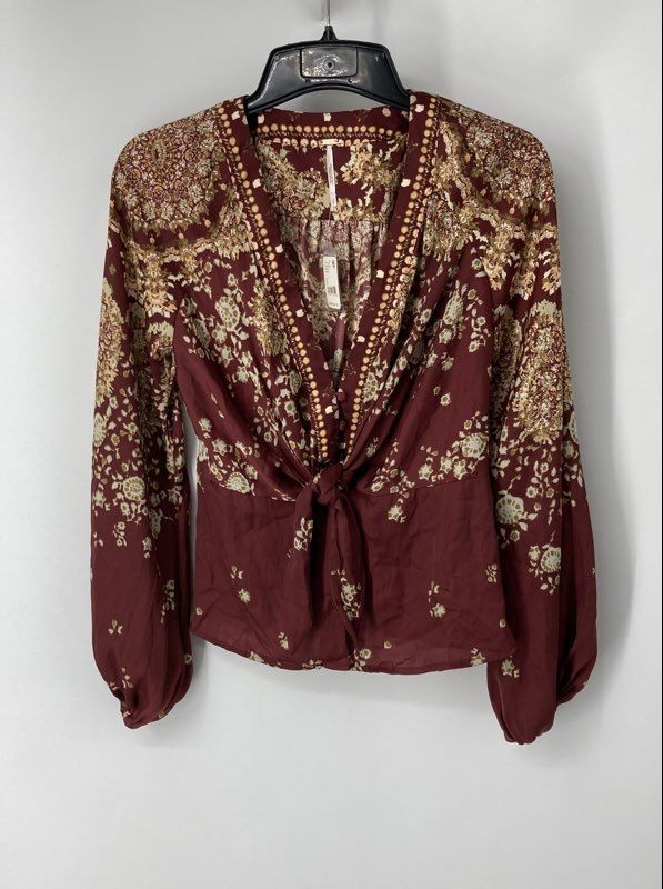Free People Womens Multicolor Floral Front Tie Long Sleeve Blouse Top Size S