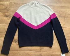 Aqua 100 Cashmere White/Pink/Navy Blue Chunky High Neck Women's Sweater Size XS