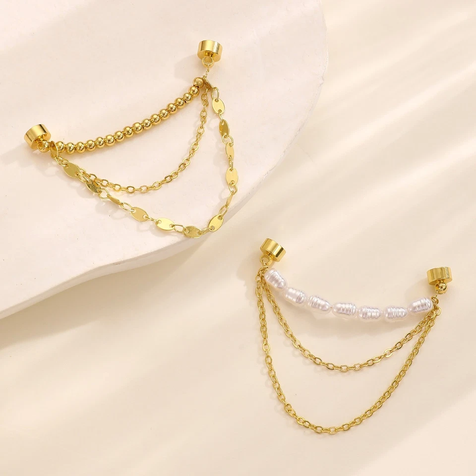 Блестящий золотой жемчуг и круглый бисер цепочка кисточки магнит серьги уха кости зажим - Изображение 3 из 4