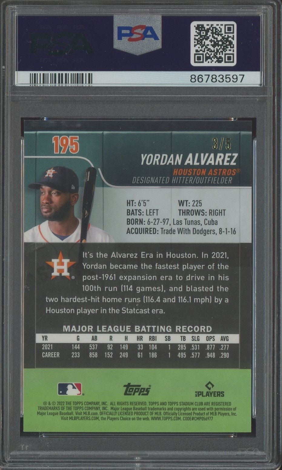 Yordan Alvarez RC Rookie 2022 Stadium Club Chrome Red Refractor 3/5 PSA 10 view 2