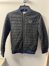 True Religion Boys Black Blue Quilted Bomber Jacket M/M Full Zip Insulated