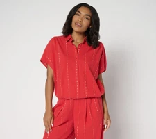 Fashion Women's Top Sz M 100% Cotton Button Front Shirt Red A692535