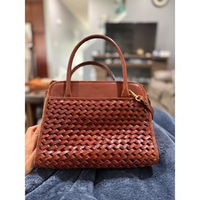 Vintage Brown Woven Leather Satchel Crossbody Bag 94410 10" by 8"