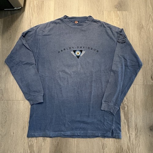 Y2K Harley Davidson Blue Embroidered Long Sleeve Tee Sz XL
