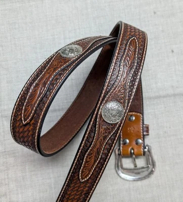 vintage NOCONA buckle belt CONCHO leather 46 tooled WESTERN native american - Image 1 of 4