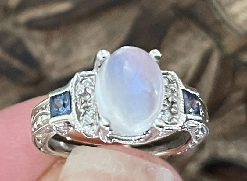 Estate 14k синий лунный камень сапфир бриллиант мизинец кольцо Weinman Bros 1912 винтажный - Изображение 3 из 4