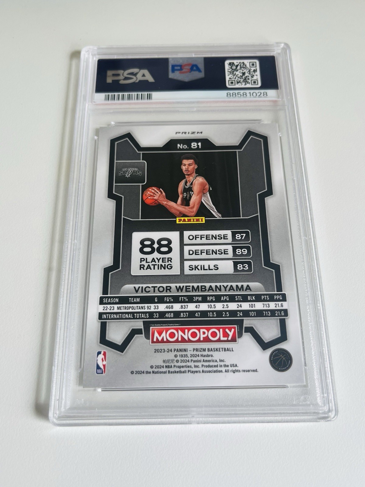 2023-24 Prizm Monopoly Victor Wembanyama SILVER  Prizm Rookie RC Spurs PSA 9! view 2