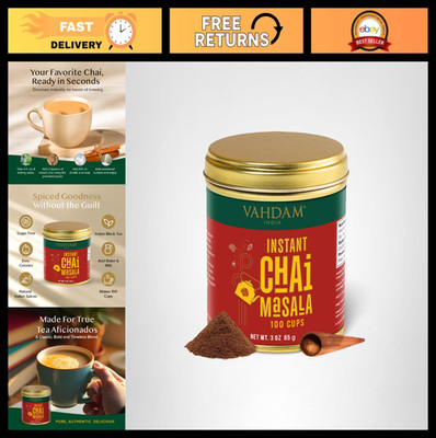 Instant Masala Chai Tea Powder - 100 Cups, Natural Spices, Zero Calories, No Ste