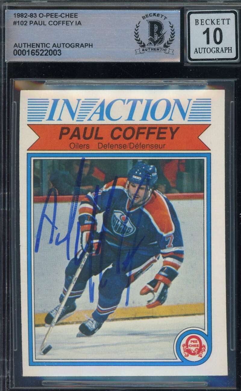 Paul Coffey Gem Mint 10 Beckett BAS Signed 1982-83 O-Pee-Chee In Action Auto