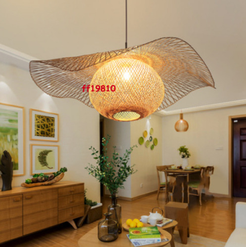 Art Bamboo Wing Shade Pendant Light Fixture Asian Louts Leaf Decor Hanging Lamp