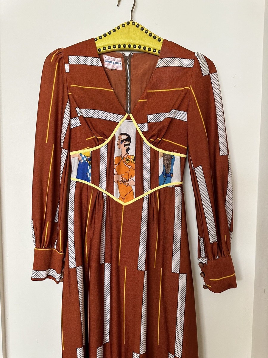 Unique 1970s Biba style Mod printed ladies polyester brown low cut dress S
