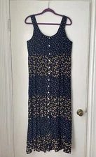 Go Softly Sz M Navy Blue Floral Patio Maxi Dress Button Front Sleeveless House