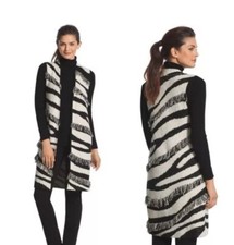 Chicos Sz 2 Womens Sz L Ivory Black Zebra Fringe Anne Open Cardigan Vest Sweater