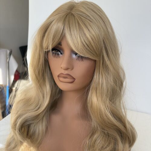 Long Wavy Cosplay Party Wig With Bangs Ash Blonde Heat Resistant Hair Soft