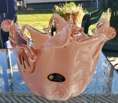 Murano Peach 8 In  Large White Crystal Hand Blown Glass Vase Decor Italy Bowl