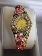 Luxury Bracelet Quartz Watch Rhinestone Pink Flowers Bangle Design Nice Gift NIB
