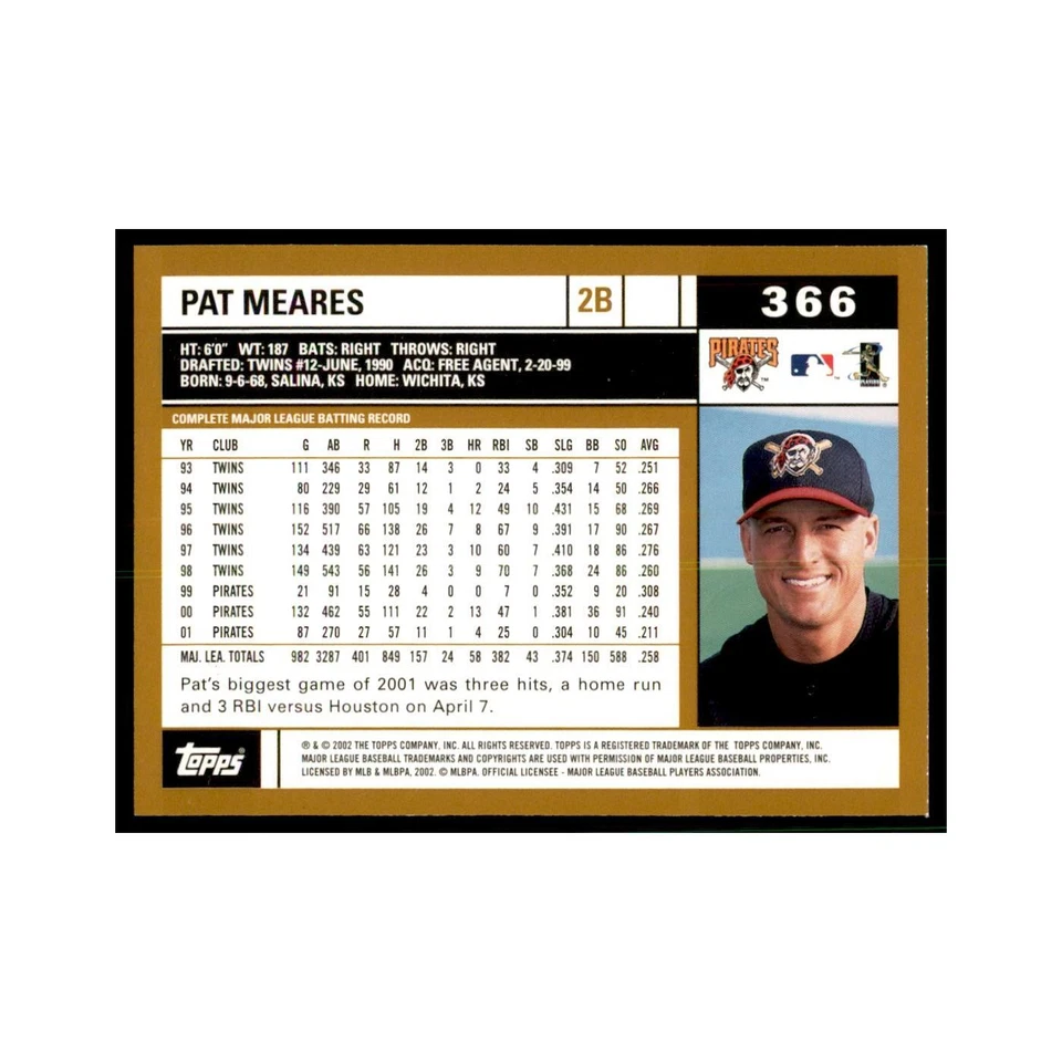 2002 Topps Home Team Advantage Pat Meares Baseball Cards #366 - Image 2 of 3
