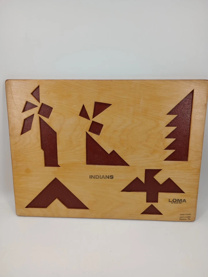 Rompecabezas Tangram de madera Loma 1969 vintage formas aves e indios arte de pared occidental Foto 4 de 4