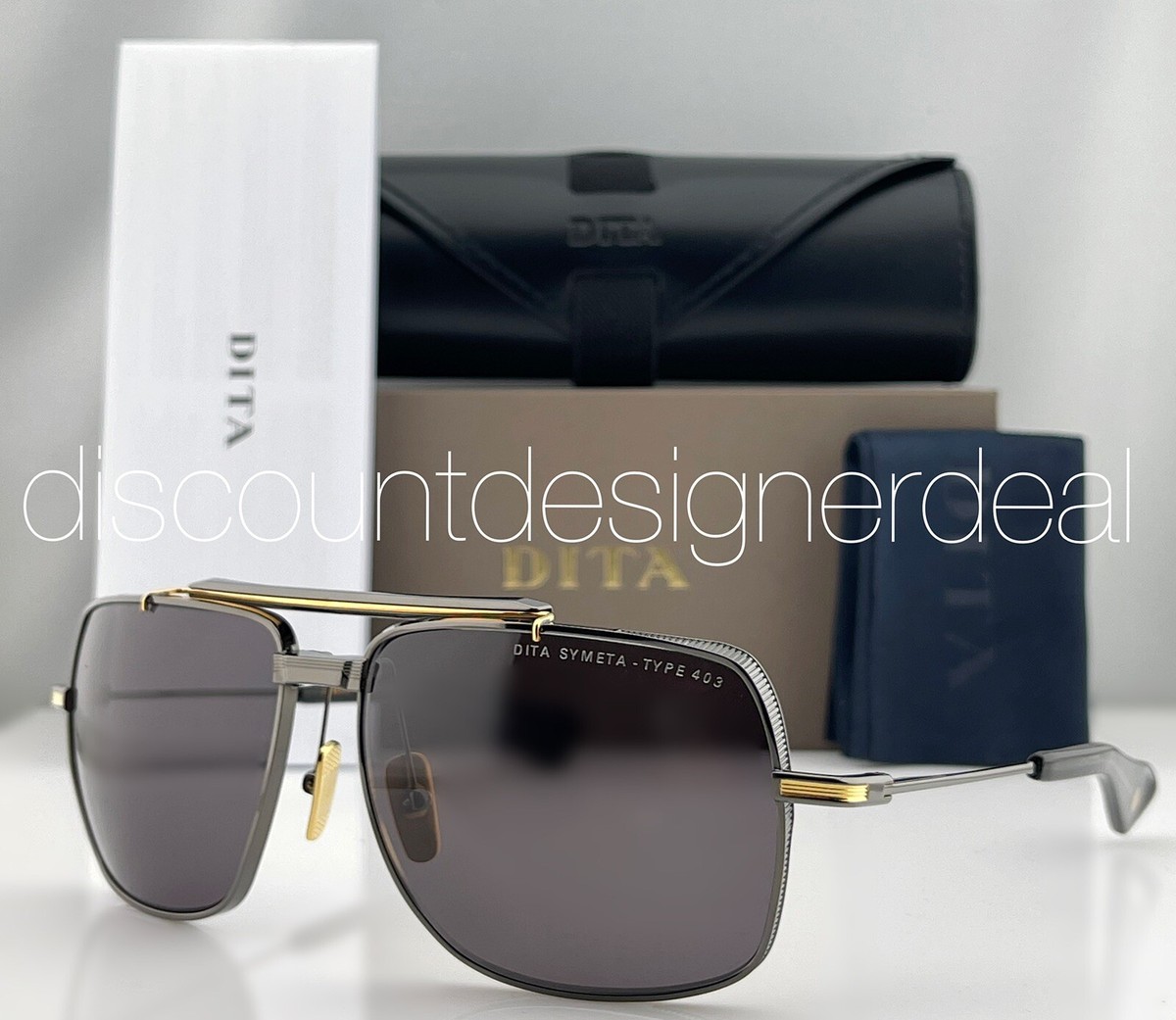 DITA SYMETA TYPE-403 Sunglasses Black Iron 18K Gold Dark Gray Lens 