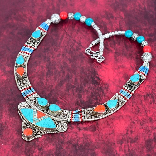 Collar Boho Nepalí Turquesa, Coral Piedras Preciosas Joyería Plata de Ley 925 - Imagen 4 de 6