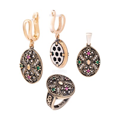 Motiv Stil Türkische Handarbeit Voll Echt Schmuck Oval Rubin Grün Form Set