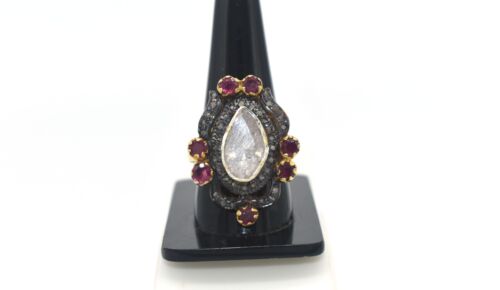 Natural Polki Pave Diamond 925 Sterling Silver Ruby Gems Antique Designer Ring  - Bild 1 von 5