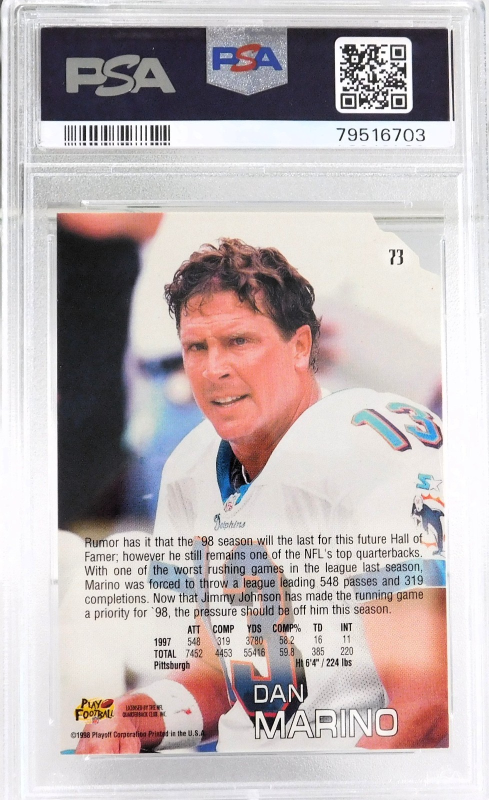 1998 PLAYOFF ABSOLUTE RETAIL DIE-CAST #73 HOF DAN MARINO RARE GEM MINT 10 CARD view 3