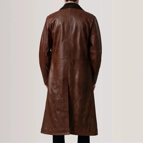 Mens Genuine Leather Trench Coat Long Brown Waxed Vintage Jacket Overcoat Winter image 3