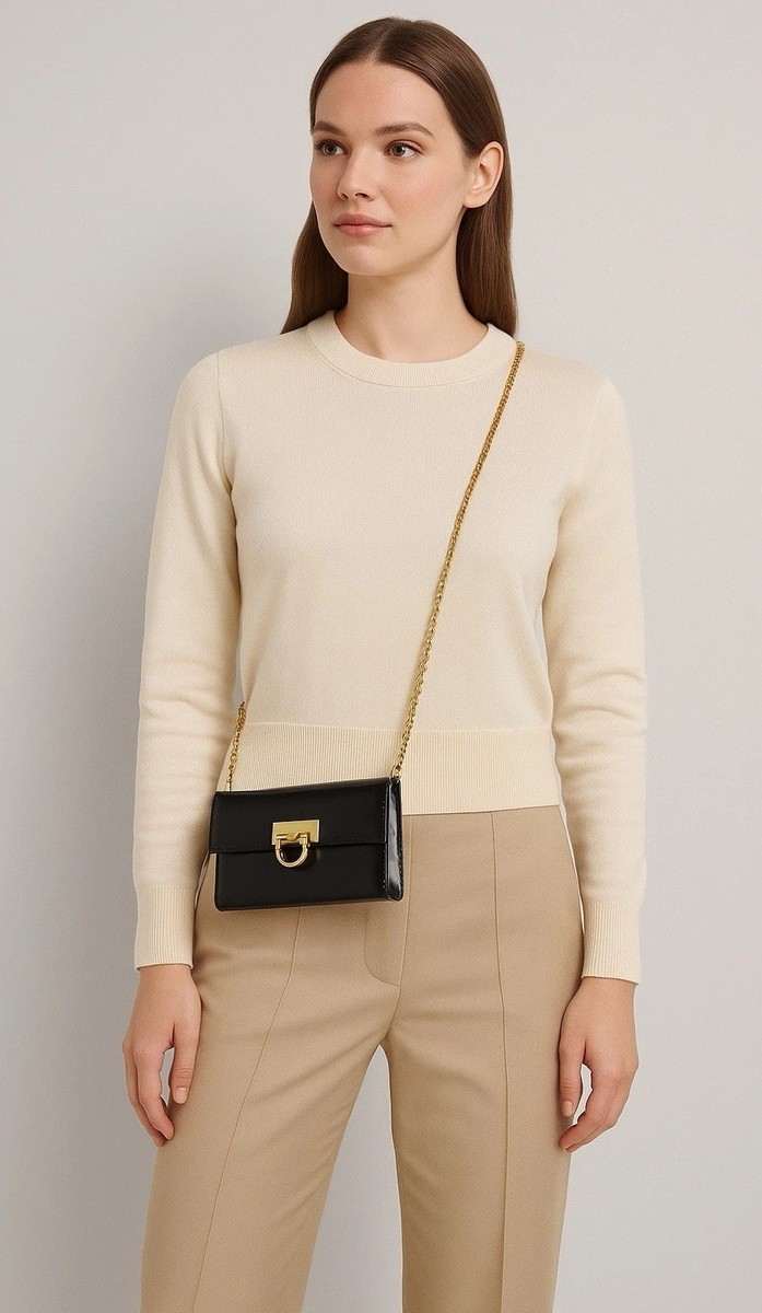 Salvatore Ferragamo Black w/ Gold Chn Crossbody Bag w/ Gancini