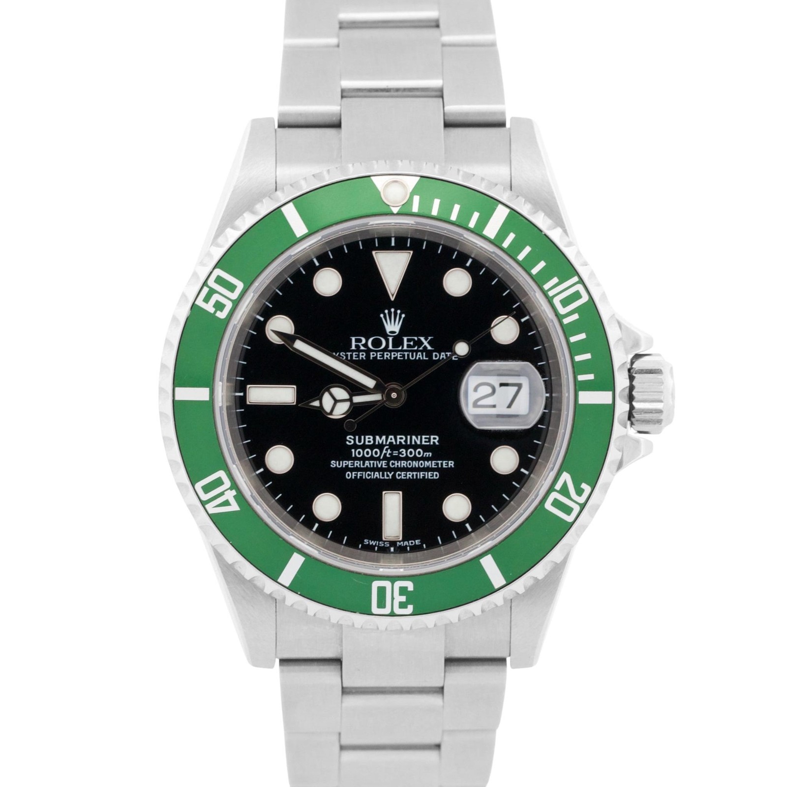 UNPOLISHED Rolex Submariner Date KERMIT Green Steel NO-HOLES 40mm 16610 LV BOX