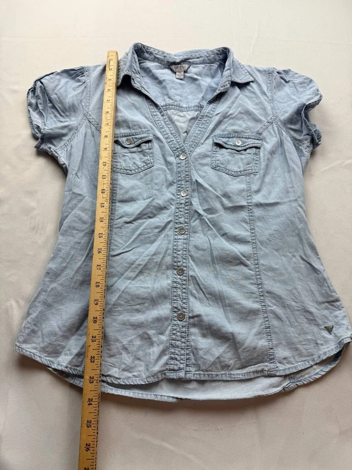 Camisa Blusa Top Azul Manga Corta Guess Mujer Mediana Y2K Años 90 Denim Cambray Foto 4 de 4